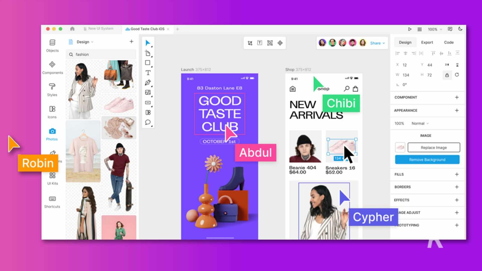 Gambar menunjukkan Good Taste Club dengan berbagai komponen, seperti desain, objek kode ekspor, mode, peluncuran, toko, gaya, komponen chibi, pendatang baru, penampilan, ikon, normal, gambar, foto, 1 Oktober, Abdul, Robin , hapus latar belakang, beanie, sepatu kets, isian, kit UI, batas, efek, pintasan, cypher, penyesuaian usia, dan pembuatan prototipe. Teks Lengkap: Sekarang Sistem Ul Klub Rasa Baik IOS X + D ##: 100% - L'O O HA @ 180 Desain v + Bagikan v Desain Kode Ekspor Objek Q mode X 12 Y. 44 Luncurkan 375×812 Komponen T Toko: 375×812 W 134 H 72 9:41 9:41 83 Daston Lane E8 gaya snop BAIK Chibi KOMPONEN + BARU 08 08 RASA KEDATANGAN PENAMPILAN Ikon 0 KLUB 100% Normal v GAMBAR Foto 1 OKTOBER Abdul Ganti Gambar Robin 134 Hapus Latar Belakang ns Beanie 404 $64,00 Sneakers 16 $52.00 FILLS + UI Kit BORDER + EFEK + Pintasan Cypher AGE ADJUST + PROTOTYPING +