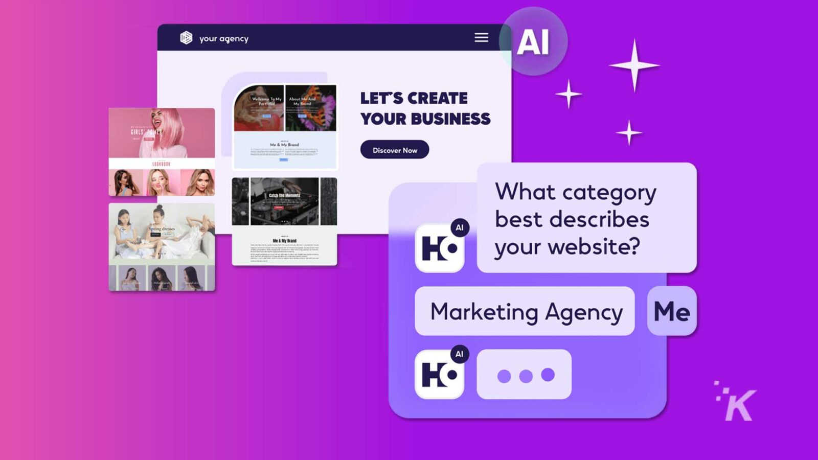 Bir pazarlama ajansı, "Ben ve Markam" adlı bir marka için bir web sitesi oluşturmak üzere yapay zeka odaklı hizmetlerini tanıtıyor. Tam Metin: ajansın E AI LET'S CREATE M'ye Hoş Geldiniz Benim ve Markam Hakkında SİZİN İŞ KIZLARINIZ" PO Me & My Brond Şimdi Keşfedin Anları Yakala AI Spring drone Me & My Brand web sitenizi en iyi hangi kategori tanımlar? Pazarlama Ajansı Me AI K