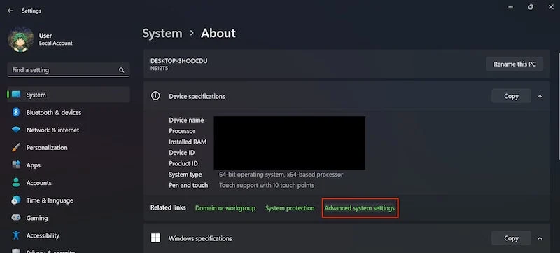 click on advance system settings