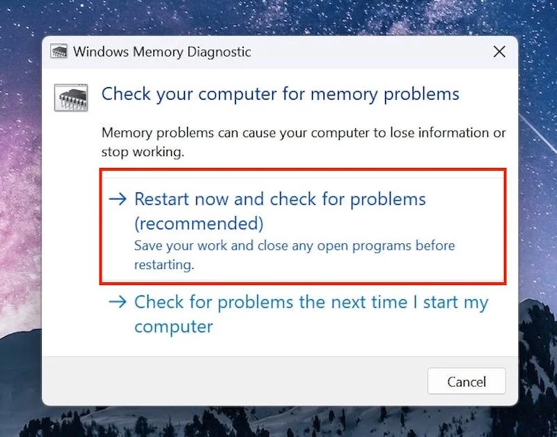memory diagnostic tool window