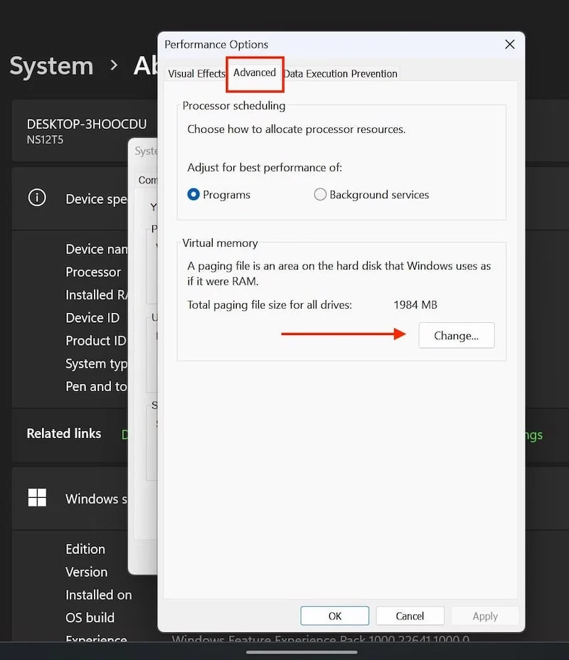 click on change under advance tab