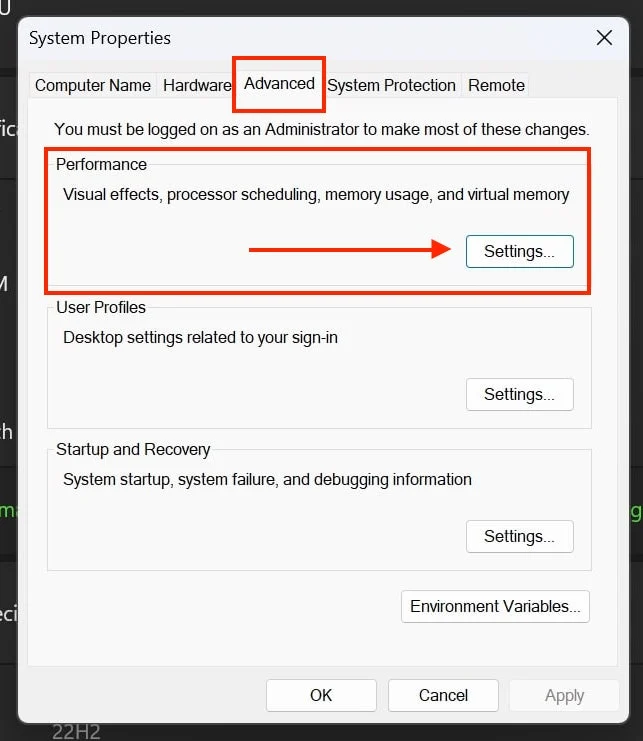 clicking on settings under advance tab
