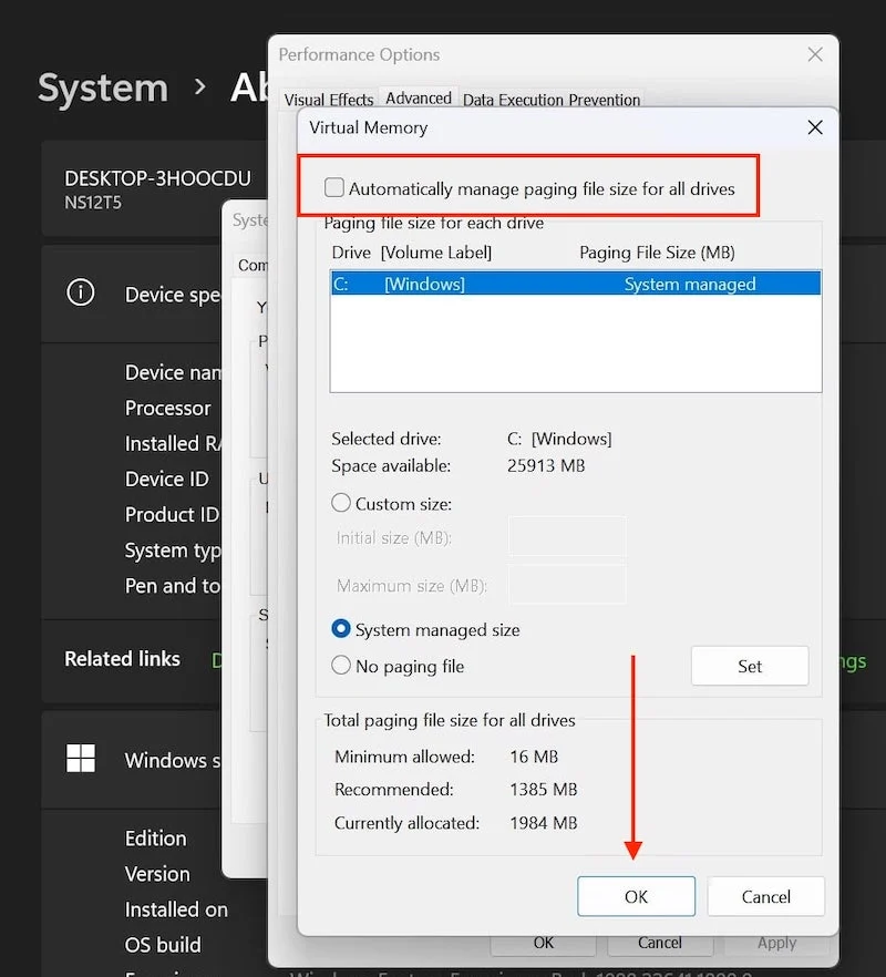 disable automatic paging file size