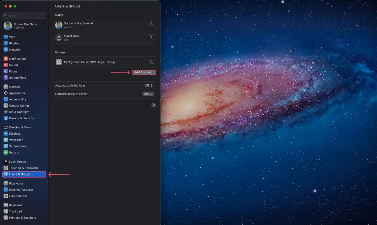 add account in users and groups