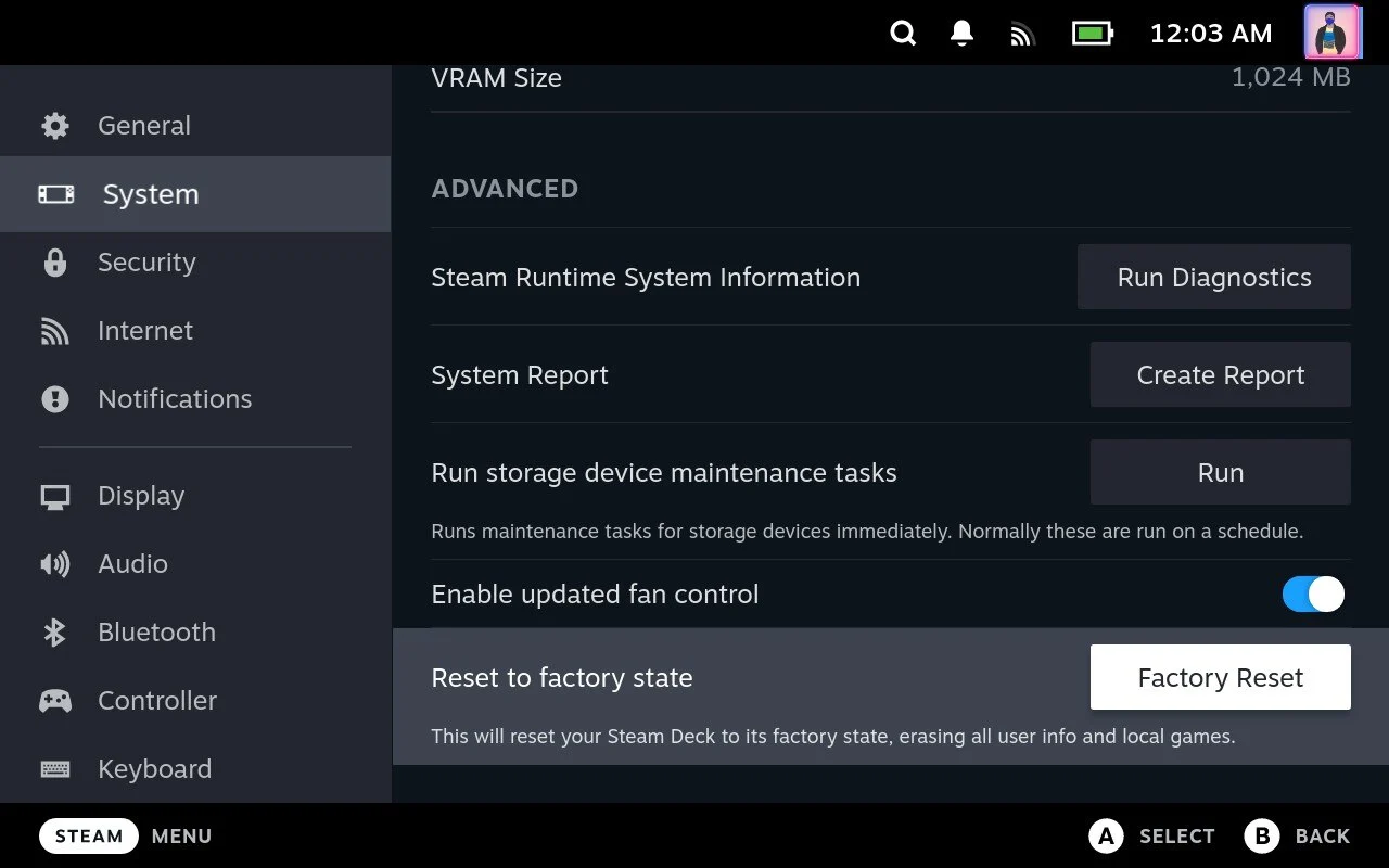 factory reset option on steam deck