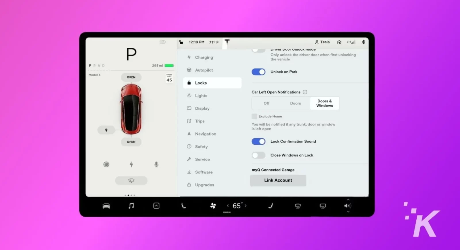 apakah chamberlain myq gratis untuk digunakan? 10 The image shows the settings for a Tesla Model 3, including notifications, locks, lights, and autopilot settings.