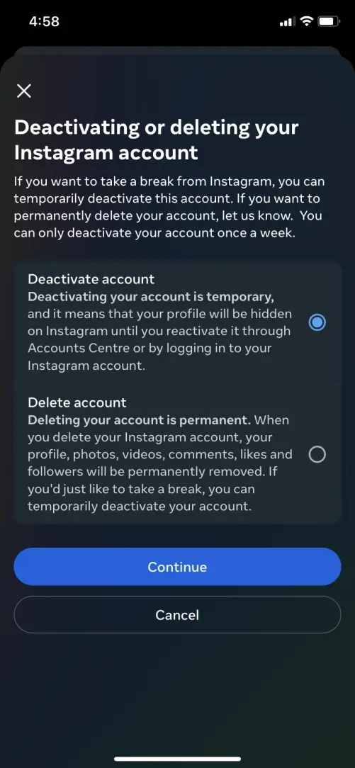 Instagram Hesabı devre dışı bırak veya Hesabı sil