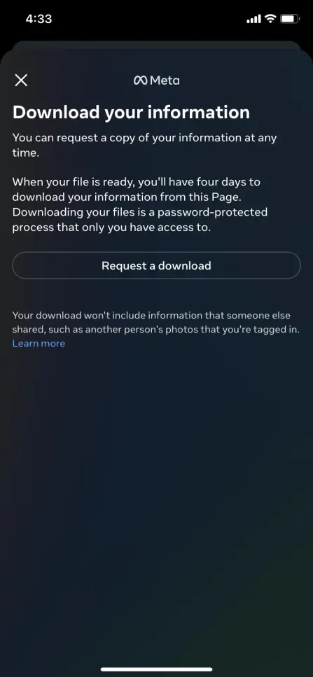 Opción de descarga de solicitud de Instagram