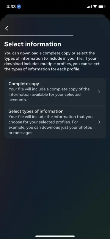 Selecciona la información de Instagram que deseas descargar