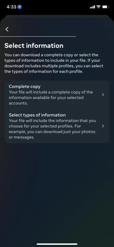 İndirmek istediğiniz Instagram bilgilerini seçin