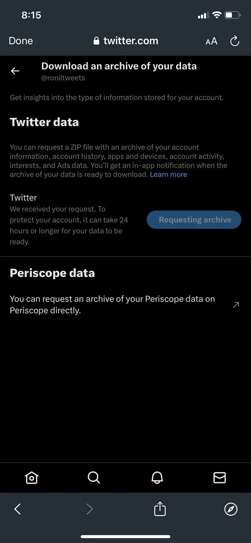 Opção de arquivo de solicitação do Twitter