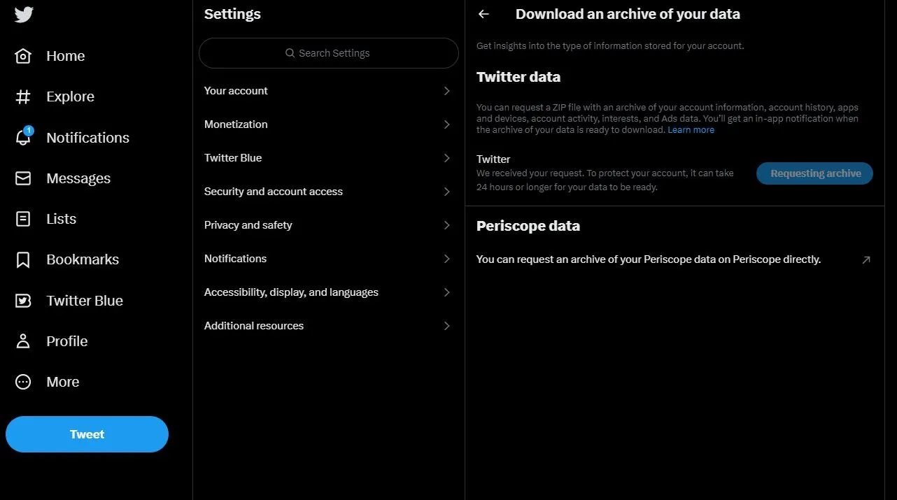 Twitter Baixe um arquivo com sua opção de dados