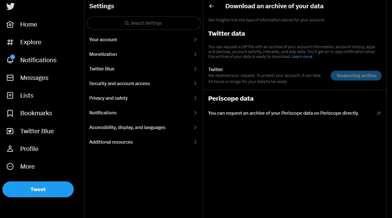 Twitter Verilerinizin arşivini indirin seçeneği
