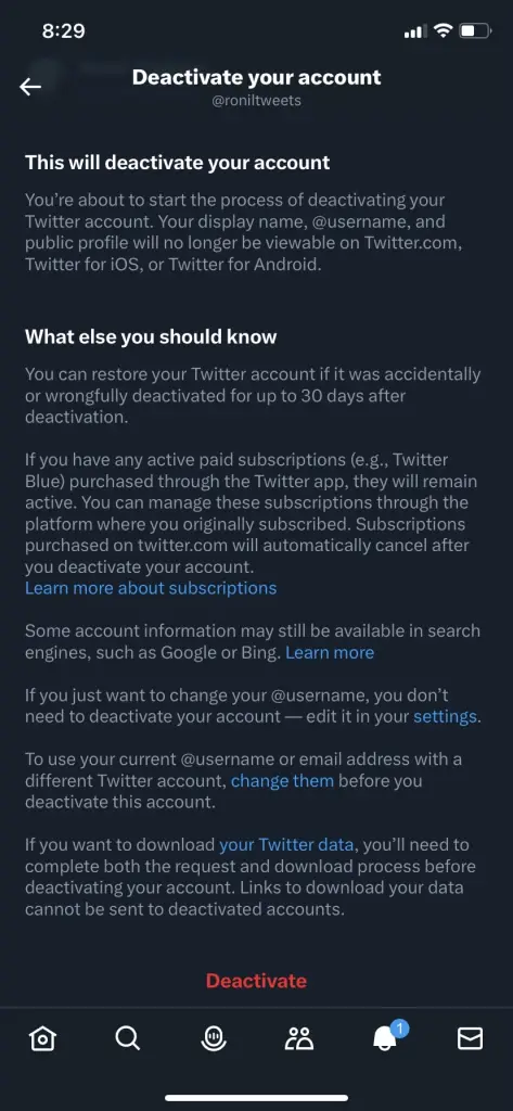Opção de desativar conta do Twitter