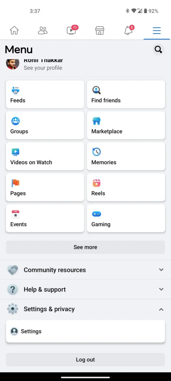 Perfil do Facebook Android e menu Configurações