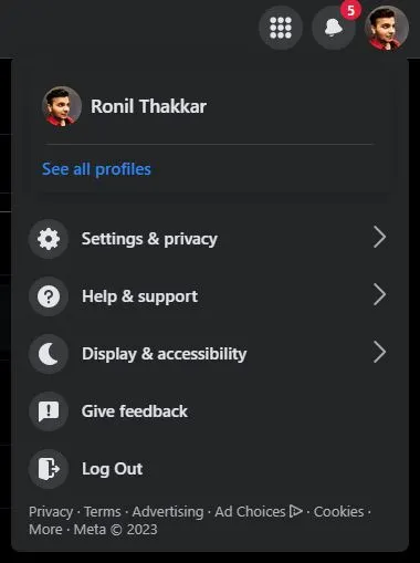 Perfil do Facebook Desktop e menu de configurações