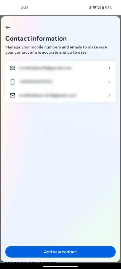 Informações de contato do Facebook Android