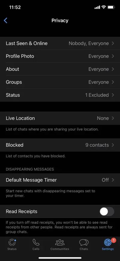 Menu Privacidade do WhatsApp iPhone