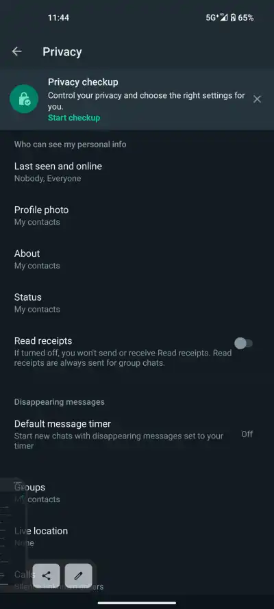 Configurações de privacidade do WhatsApp Android