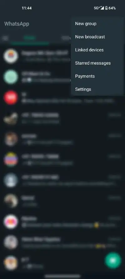 Opção de configurações do WhatsApp Android