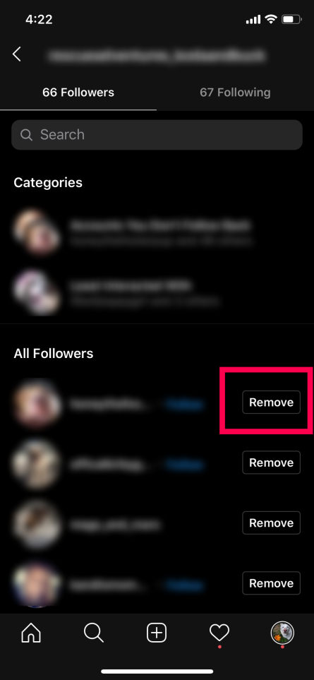 Botão de remoção de seguidores do Instagram