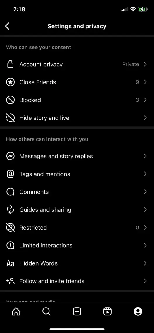 Opção restrita do Instagram