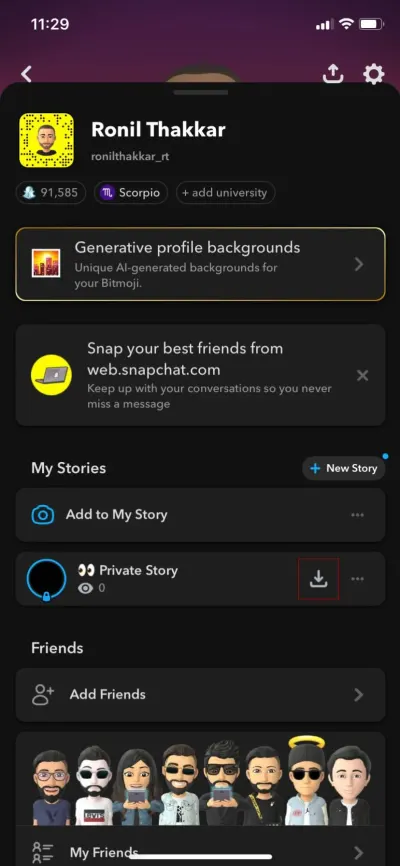 Icona di download delle storie di Snapchat