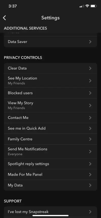 Opzione Cancella dati Snapchat
