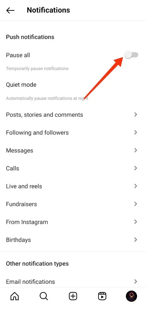 Pausar todas las opciones de notificaciones de Instagram