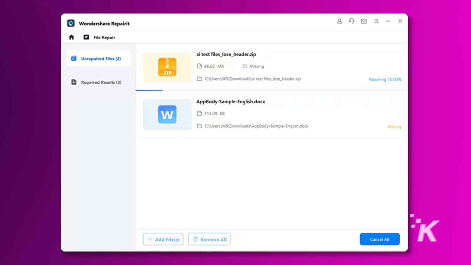 يقوم برنامج Wondershare Repairit 8 بإصلاح ملفين، ملف مضغوط وملف docx، لم يتم إصلاحهما من قبل. النص الكامل: Wondershare Repairit 8 0 0= - X File Repair Unrepaired Files (2) ai test files_lose_header.zip E 66.62 MB Missing ZIP L Repaired Results (3) E] C:UsersWSDownloadsai test files_Jose_header.zip Repairing 10.00% AppBody-Sample- English.docx W 214.09 كيلو بايت E C:UsersWSDownloadsAppBody-Sample-English.docx انتظار K + إضافة ملف (ملفات) إزالة الكل إلغاء الكل