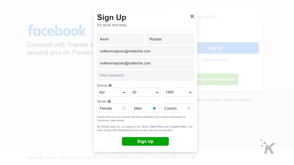 anonim bir facebook hesabı nasıl oluşturulur 12 Facebook sign up screen