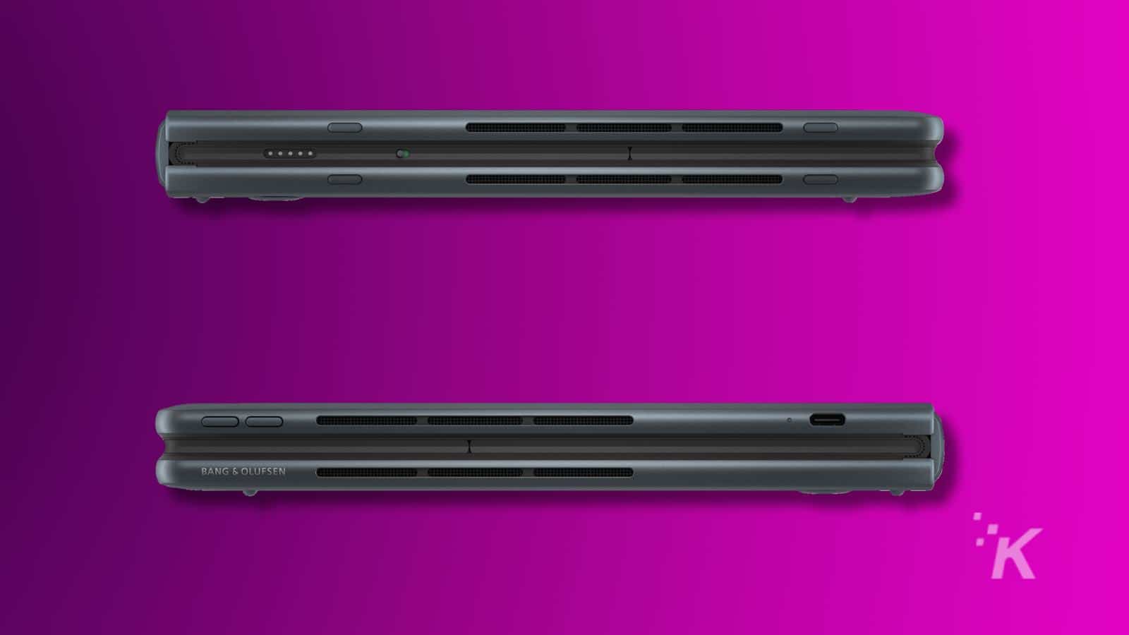 Tampilan samping lipatan hp spectre dengan latar belakang ungu