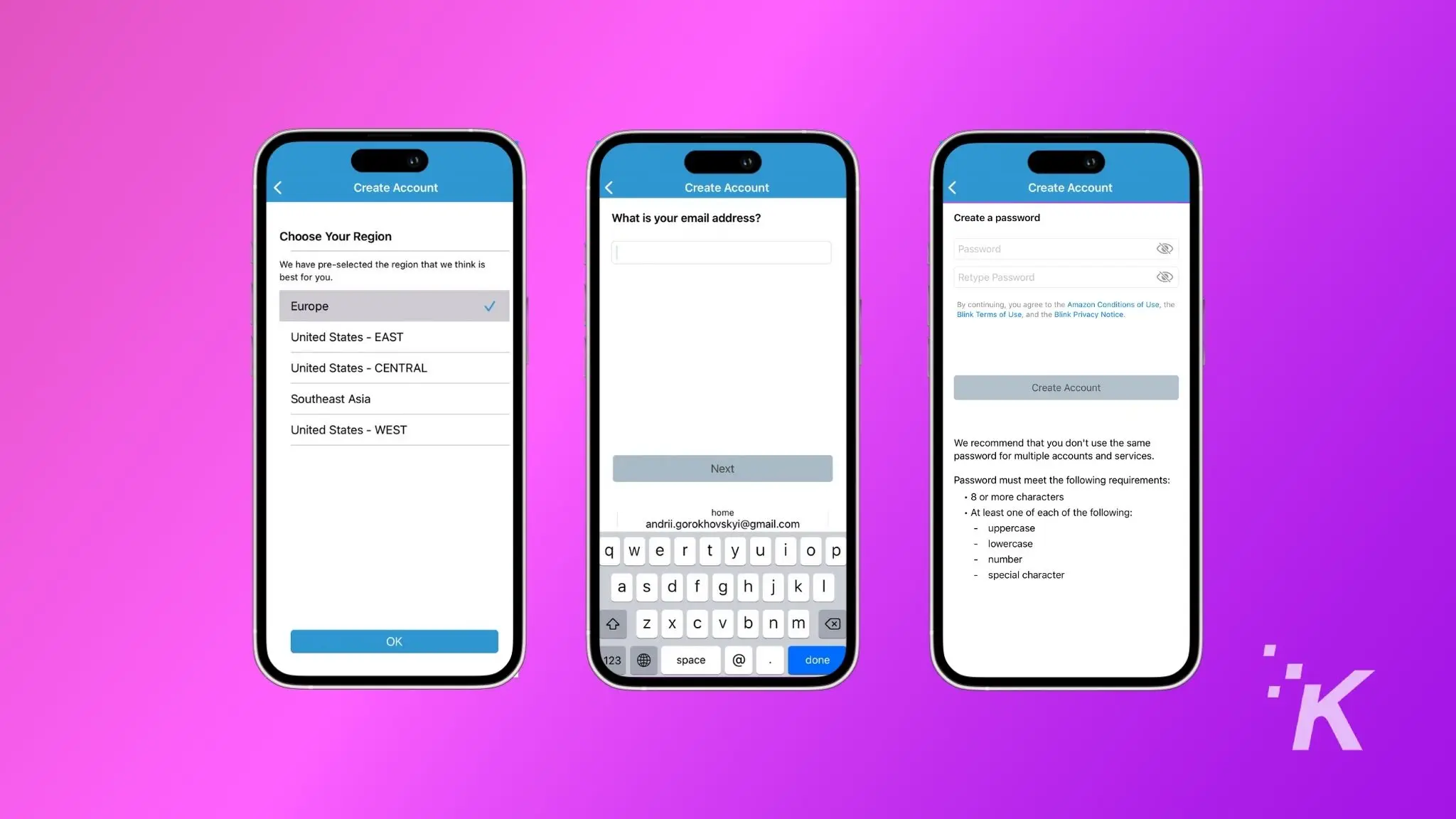 깜박임 카메라를 설정하는 방법 8 This image shows a form for creating an account on blink app, where the user is prompted to enter their email address, create a password, and choose their region.