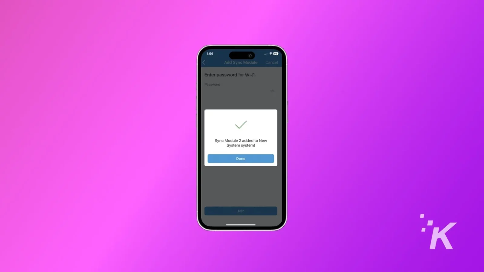 깜박임 카메라를 설정하는 방법 12 A smartphone is displaying a sync module successfully connected to the system
