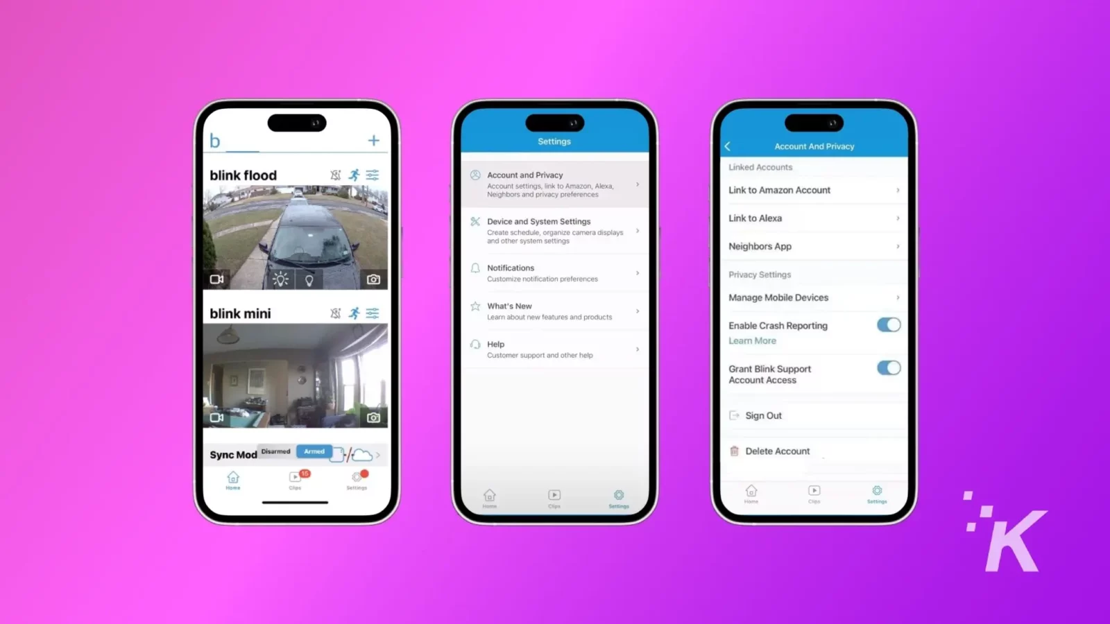 bagaimana cara berbagi akses kamera kedip? 7 The image is showing the settings page for a blink home security system, with options to link to amazon and alexa, customize notifications, manage mobile devices, and delete the account.