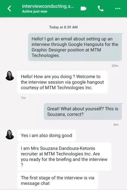 Google Chatで行われる偽の就職面接