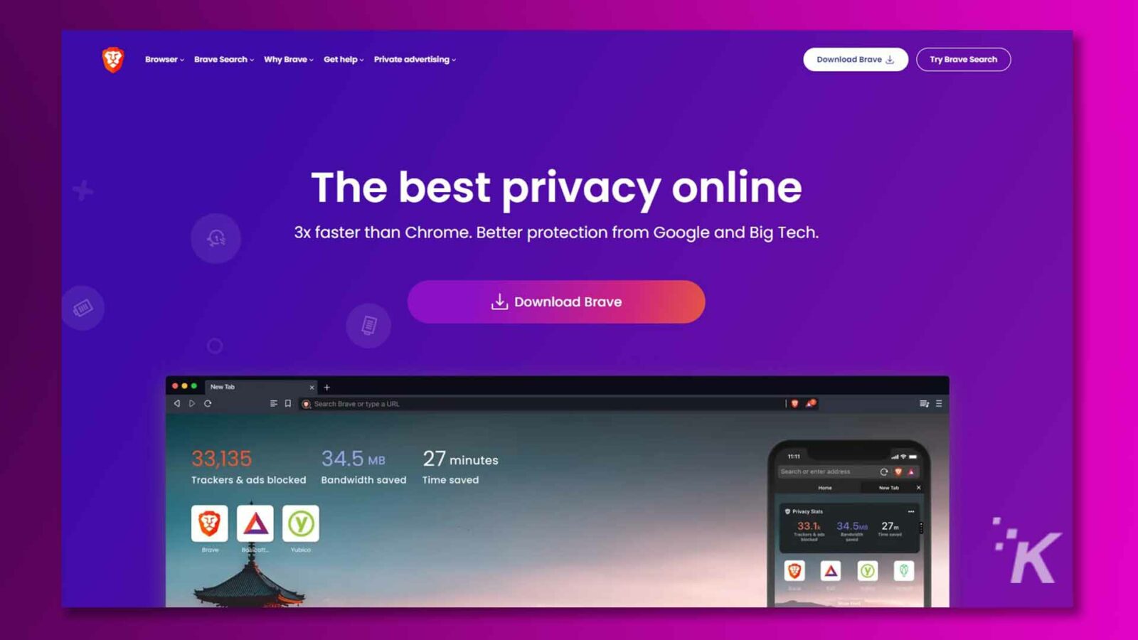 Gambar ini mempromosikan browser pencarian yang berani, menyoroti fitur-fiturnya seperti privasi, kecepatan, dan perlindungan dari Google dan teknologi besar, serta memberikan statistik tentang pengalaman menjelajah pengguna.