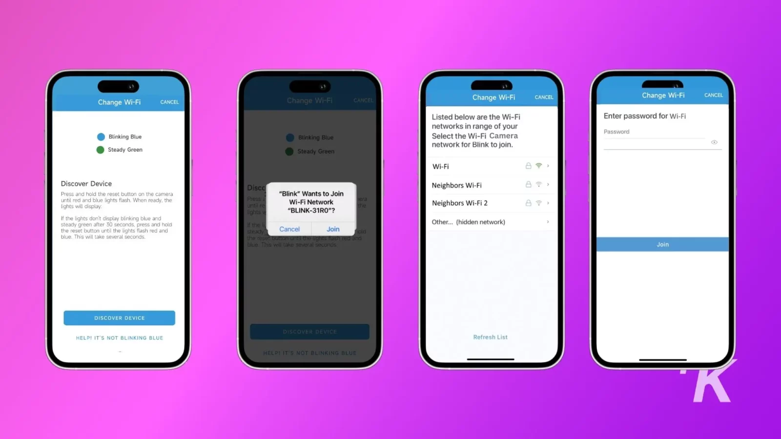 bagaimana cara menghubungkan kamera kedip ke wi-fi? 9 The user is attempting to connect to a wi-fi network by pressing and holding the reset button on the camera until the lights flash red and blue.