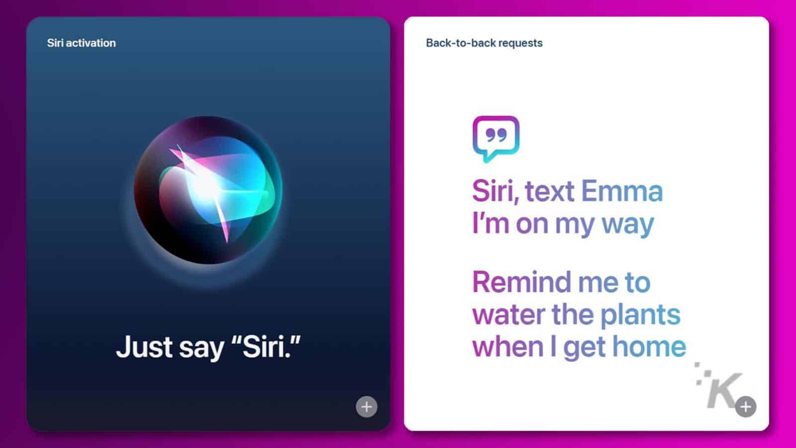 Nesta imagem, duas pessoas fazem solicitações à Siri para realizar diversas tarefas, como enviar uma mensagem de texto e definir um lembrete.