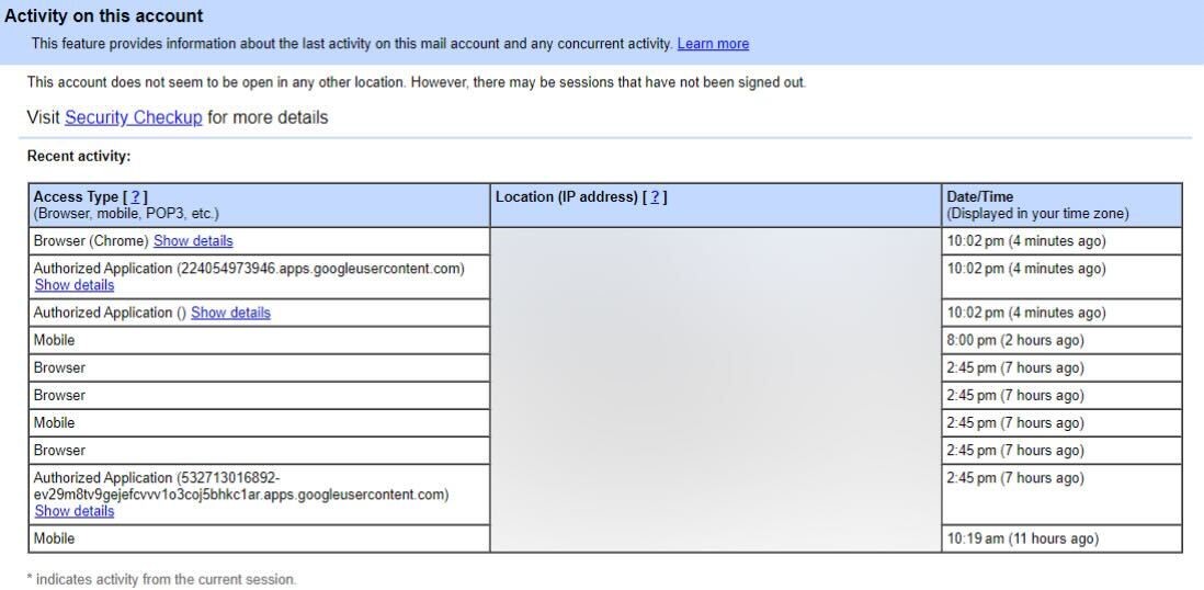 IP-адреса места входа в Gmail