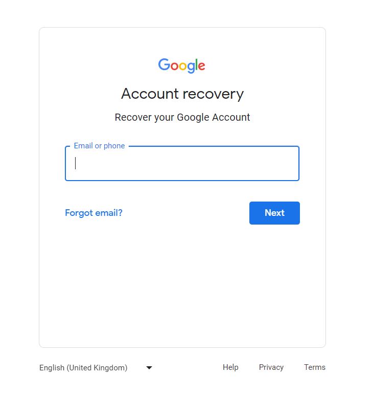 Página de recuperação de Conta do Google