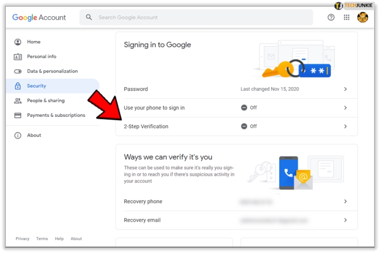 Opzione di verifica in due passaggi dell'Account Google