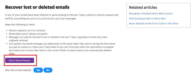 demande de récupération Yahoo