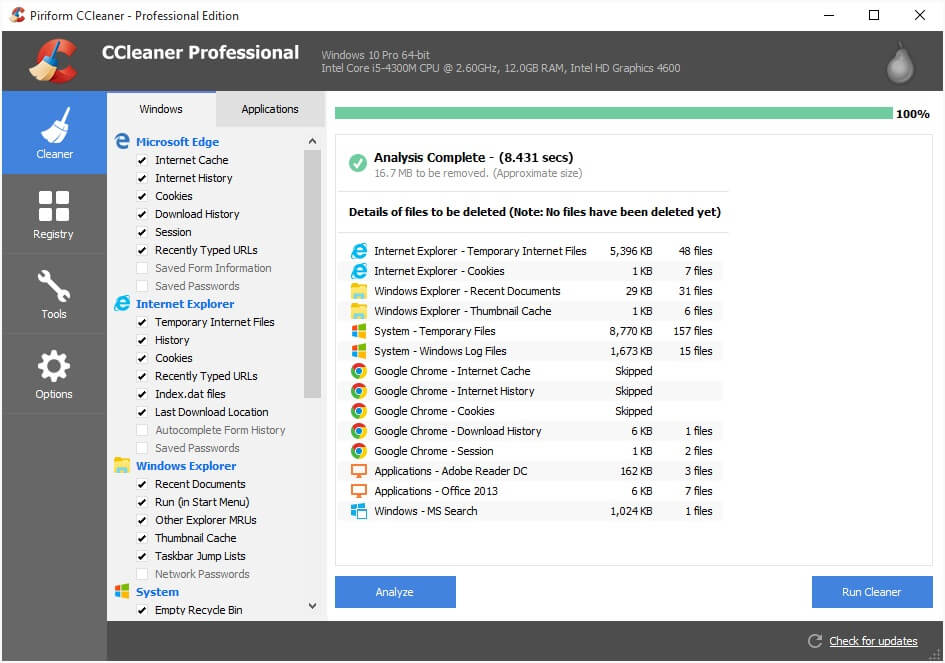 Consola principal de CCleaner
