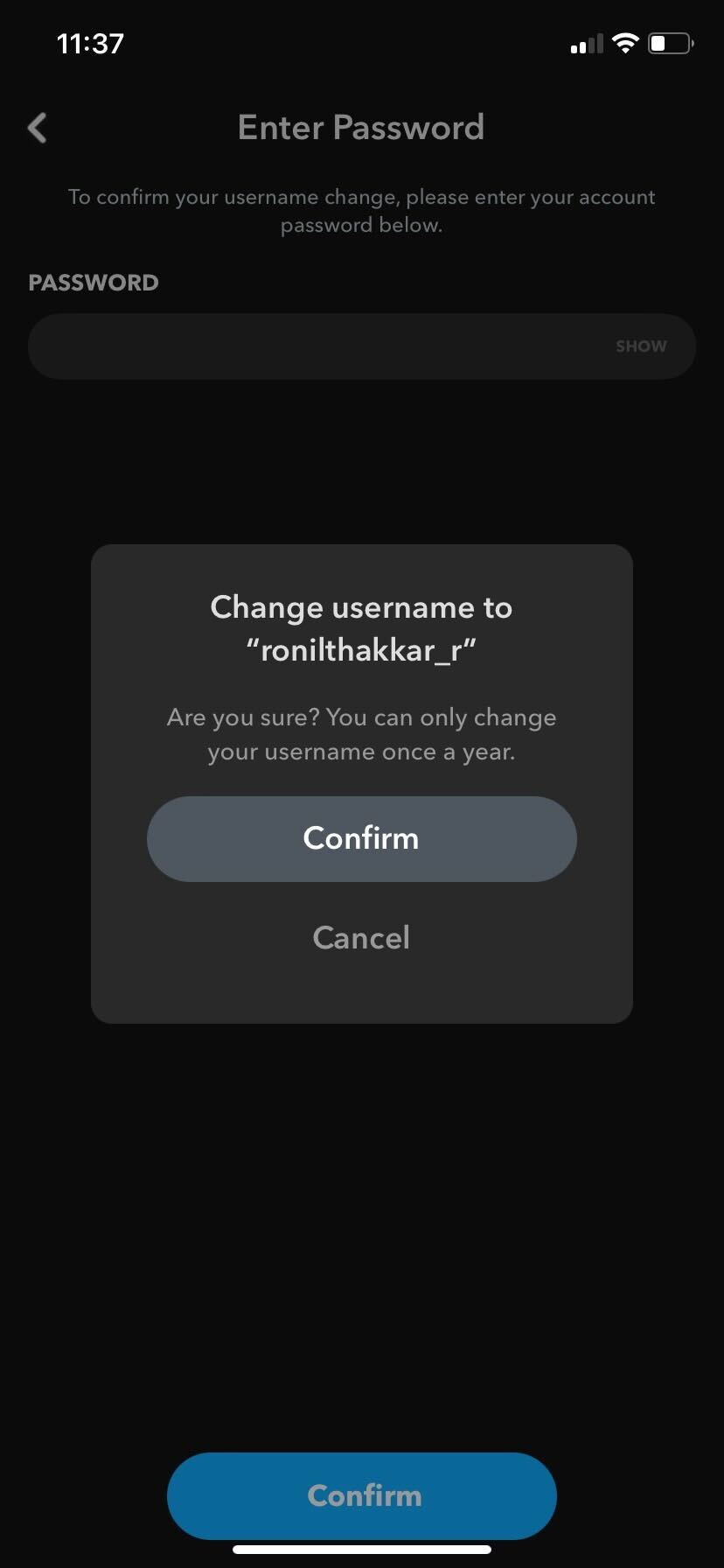 Confirmation du changement de nom d'utilisateur sur Snapchat