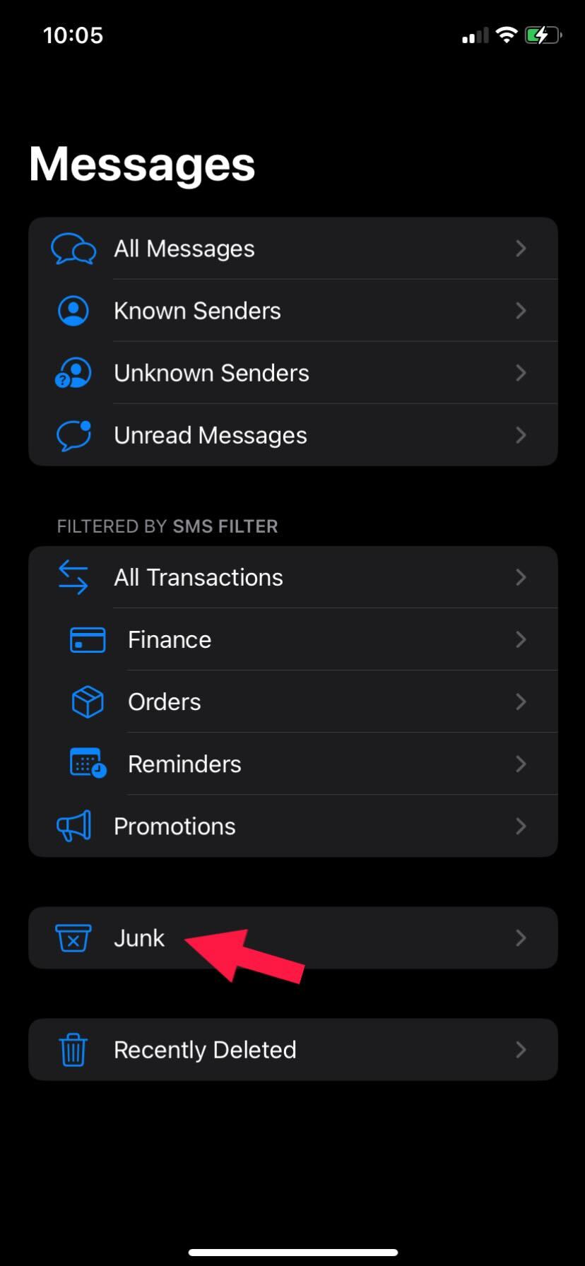 Option Messages indésirables sur iPhone
