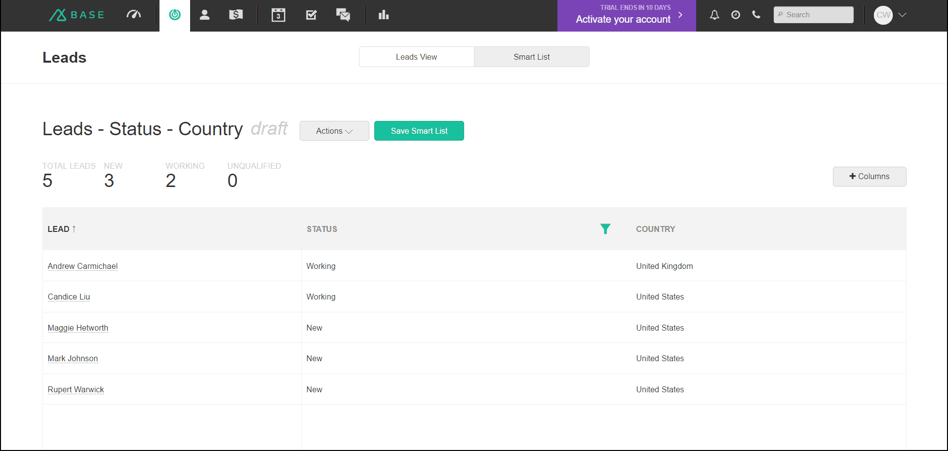 لقطة شاشة CRM الأساسية