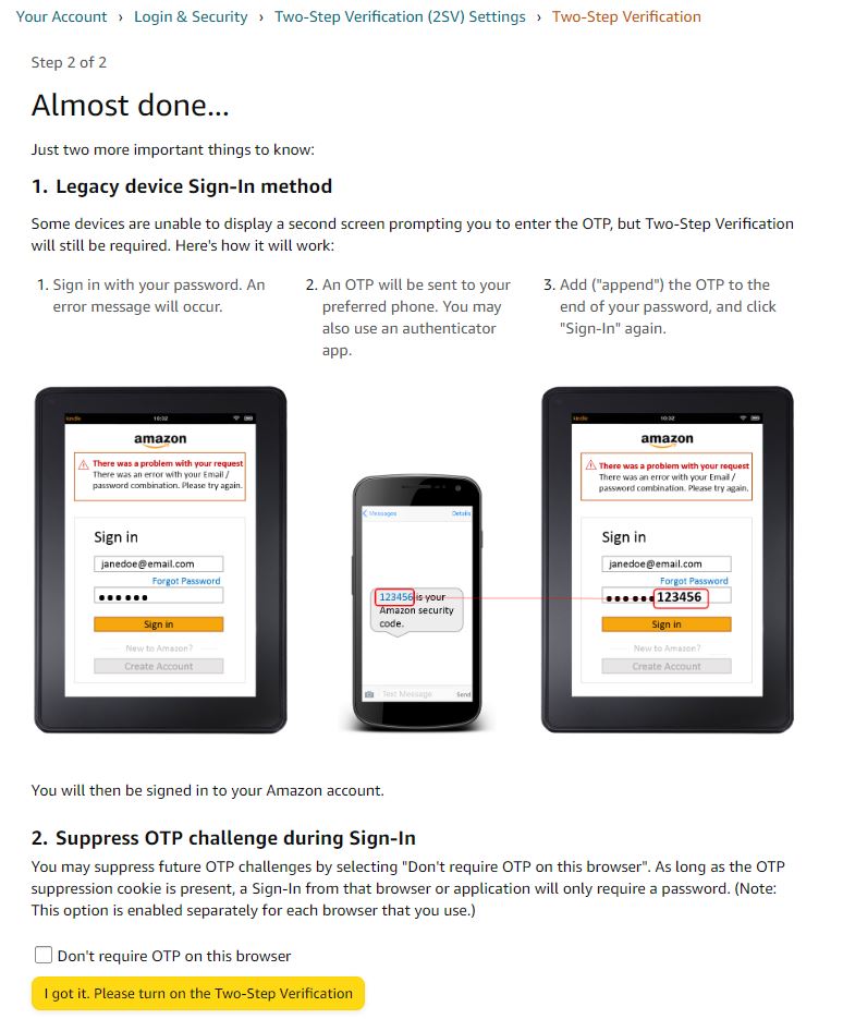 アマゾン、分かりました。 2 段階認証ボタンをオンにする