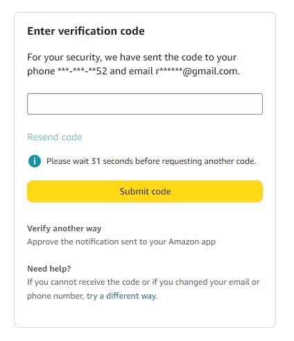 Amazon insira o código de verificação