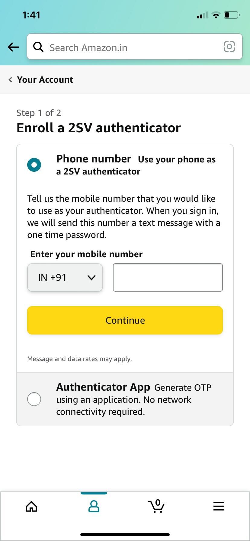 Application Amazon, entrez votre numéro de téléphone